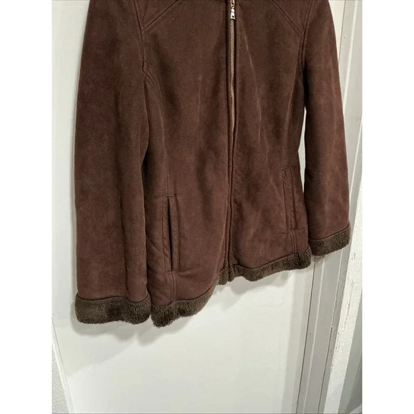 Faux Suede And Shearling Lined coat women Small, Dark Brown, Hooded, Classic - Picture 3 of 11